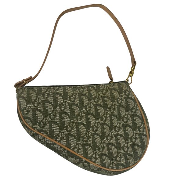 Christian Dior Mini Trotter Bag Vintage Oblique Green Shoulder Purse CD Gold Tan - Picture 3 of 12